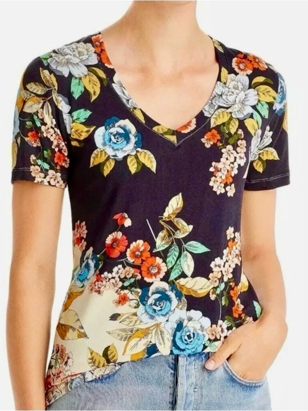 Johnny Was NWT Emma Rose Favorite Floral Print V-Neck Tee T-Shirt, Multi, Size L